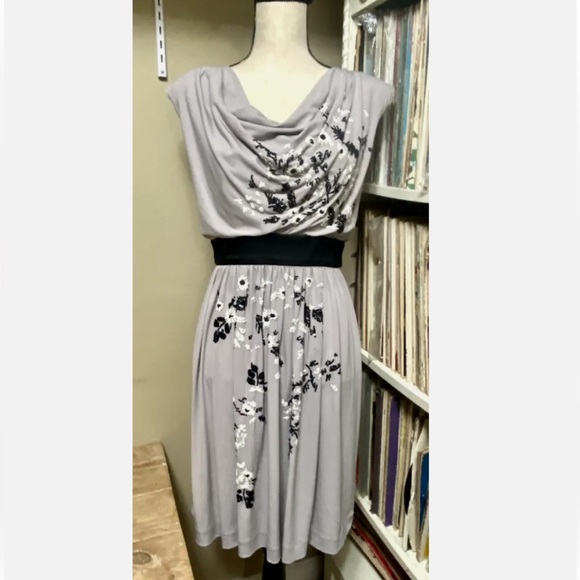 Suzi Chin for Maggy Boutique Grey/Taupe Draped Neck Floral Beaded Dress - Picture 1 of 6